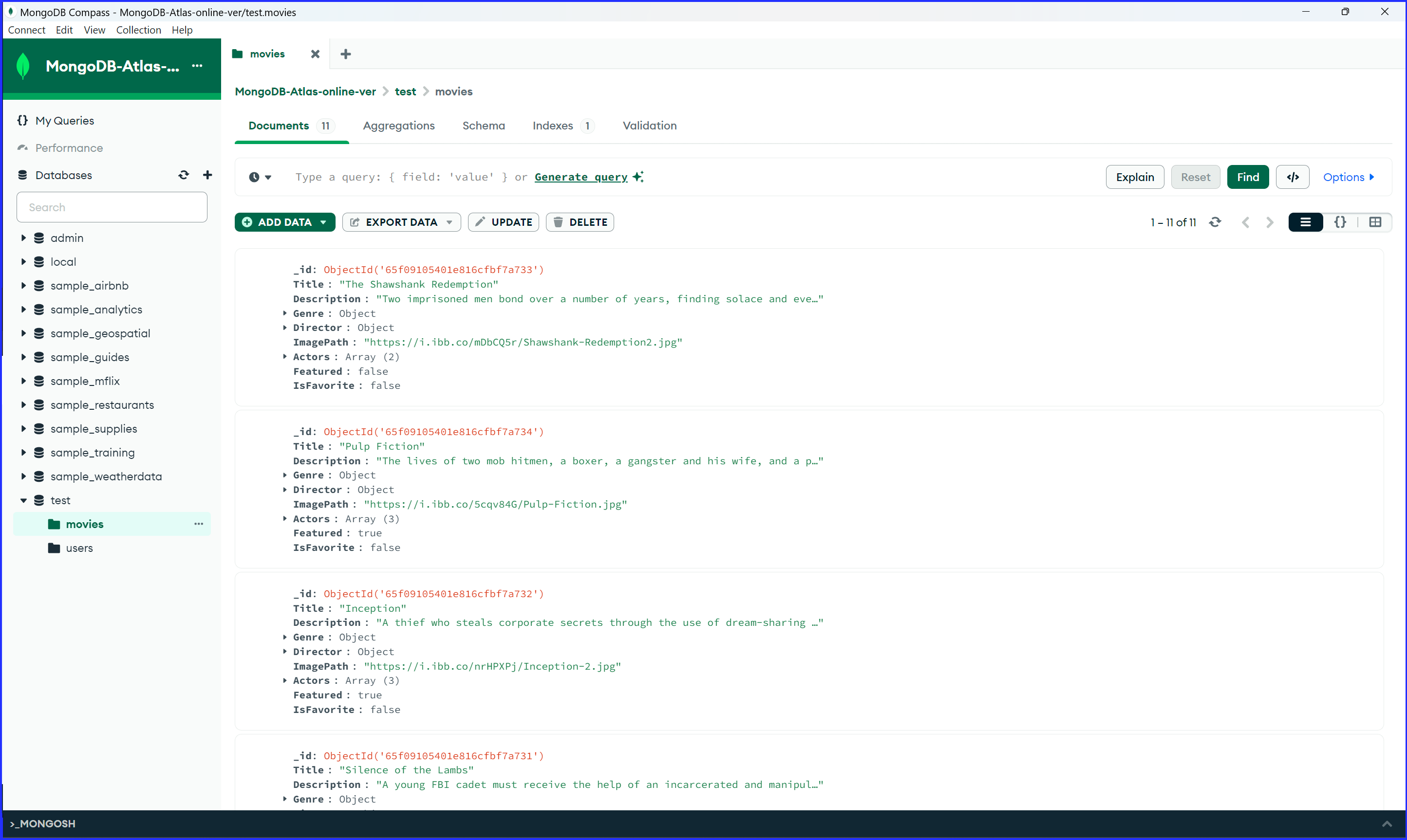 Screenshot of MongoDB portion of component