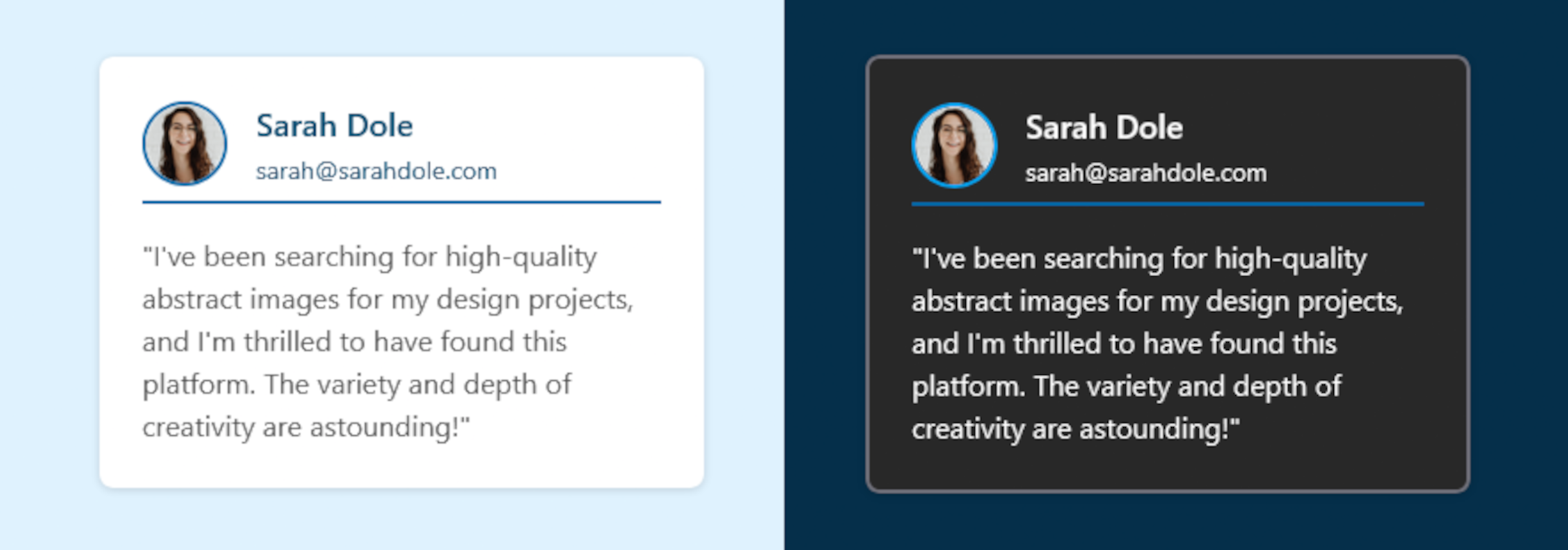 Screenshot of Testimony Card Blue Theme in Light and Dark Mode